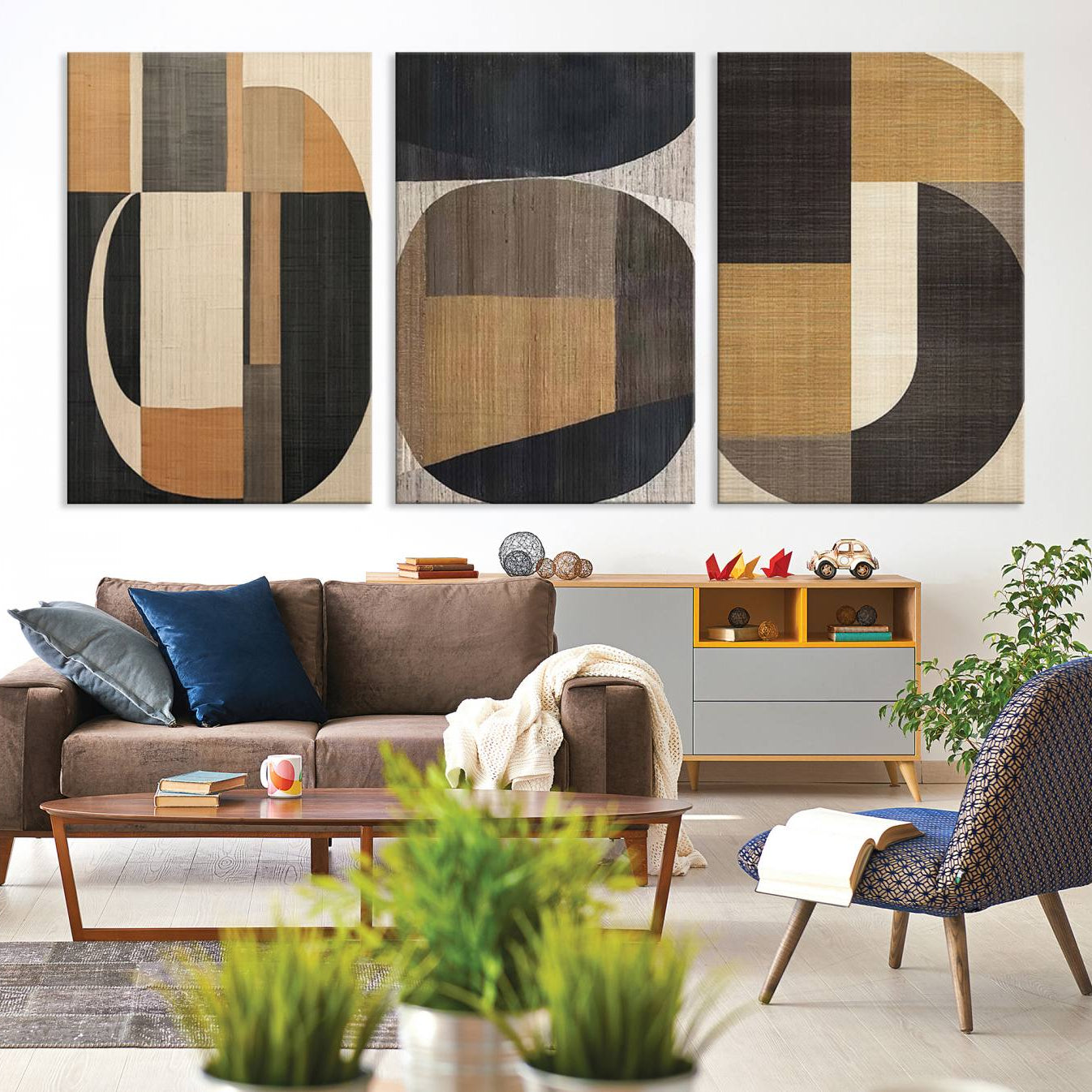 84035-MGV-CV-60X30-3P-Modern Brown Wabi Sabi Canvas Abstract Wall Art Set – Minimalist 3-Panel Contemporary Nature Artwork for Home, Office