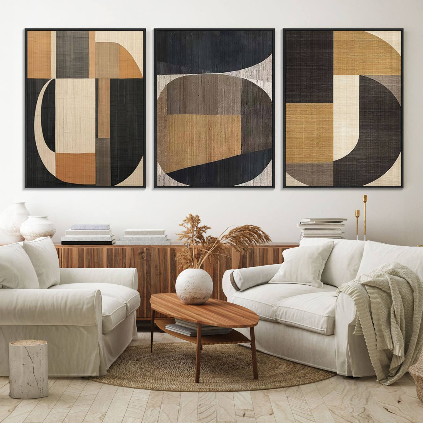 84035-MGV-FC-60X30-3P_Black-Modern Brown Wabi Sabi Canvas Abstract Wall Art Set – Minimalist 3-Panel Contemporary Nature Artwork for Home, Office