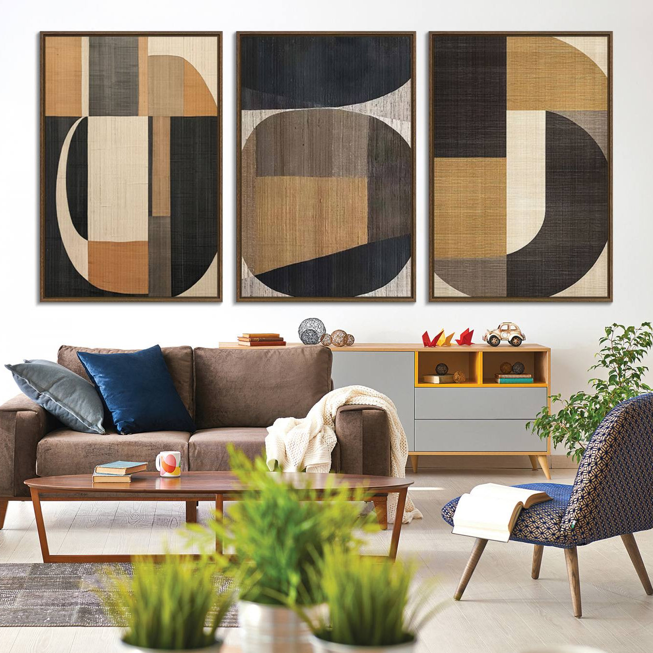 84035-MGV-FC-60X30-3P_Walnut-Modern Brown Wabi Sabi Canvas Abstract Wall Art Set – Minimalist 3-Panel Contemporary Nature Artwork for Home, Office