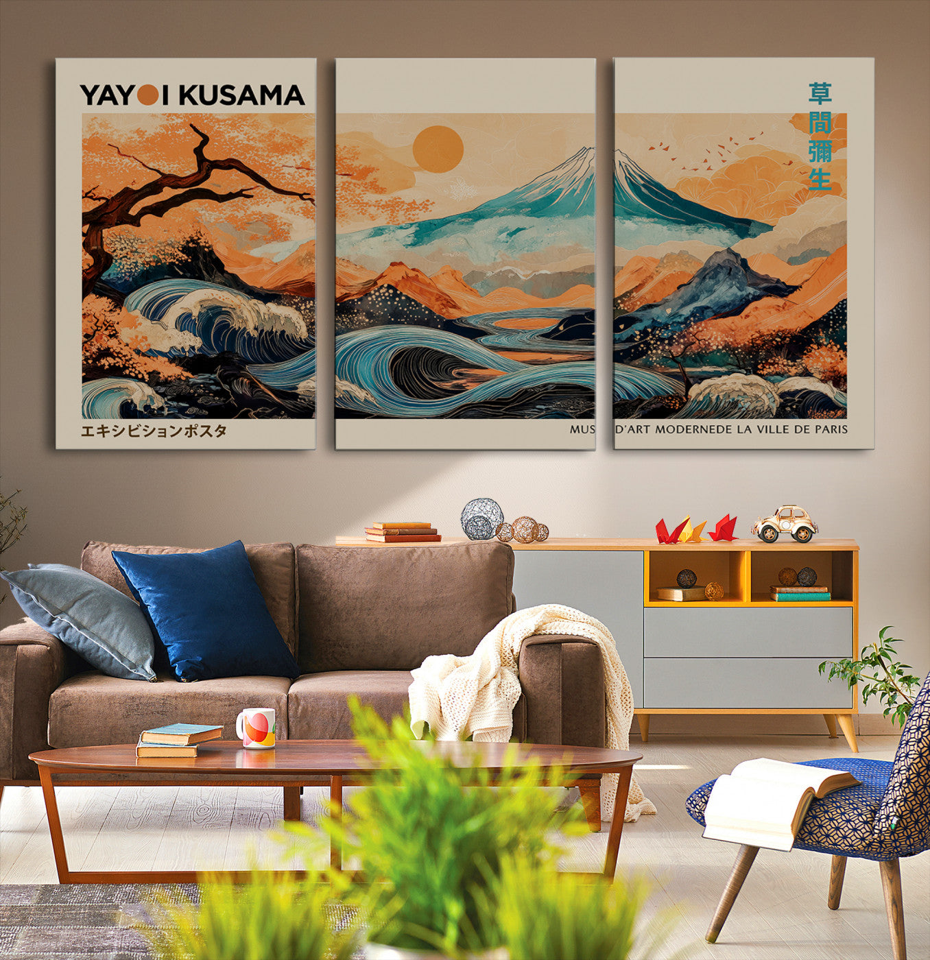 22373530-MGV-CV-36X24-Modern Japanese Wall Art Canvas Print – Framed Yayoi Kusama Abstract Mount Fuji Artwork for Home or Office, Living Room