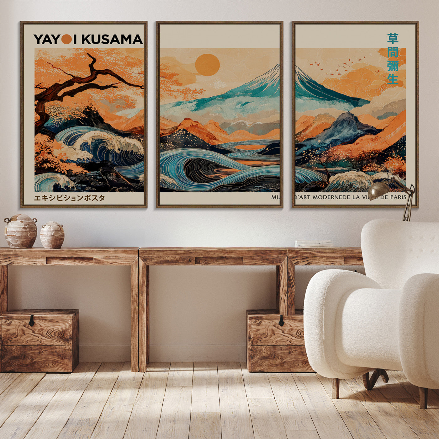 22373530-MGV-CV-36X24-Modern Japanese Wall Art Canvas Print – Framed Yayoi Kusama Abstract Mount Fuji Artwork for Home or Office, Living Room