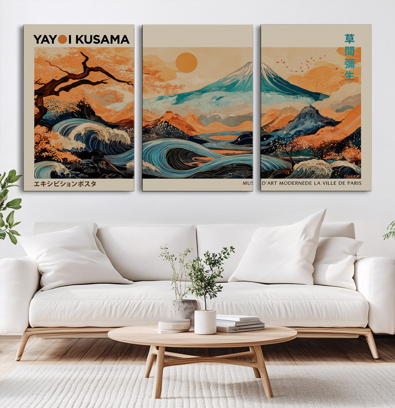 22373530-MGV-CV-60X30-3P-Modern Japanese Wall Art Canvas Print – Framed Yayoi Kusama Abstract Mount Fuji Artwork for Home or Office, Living Room