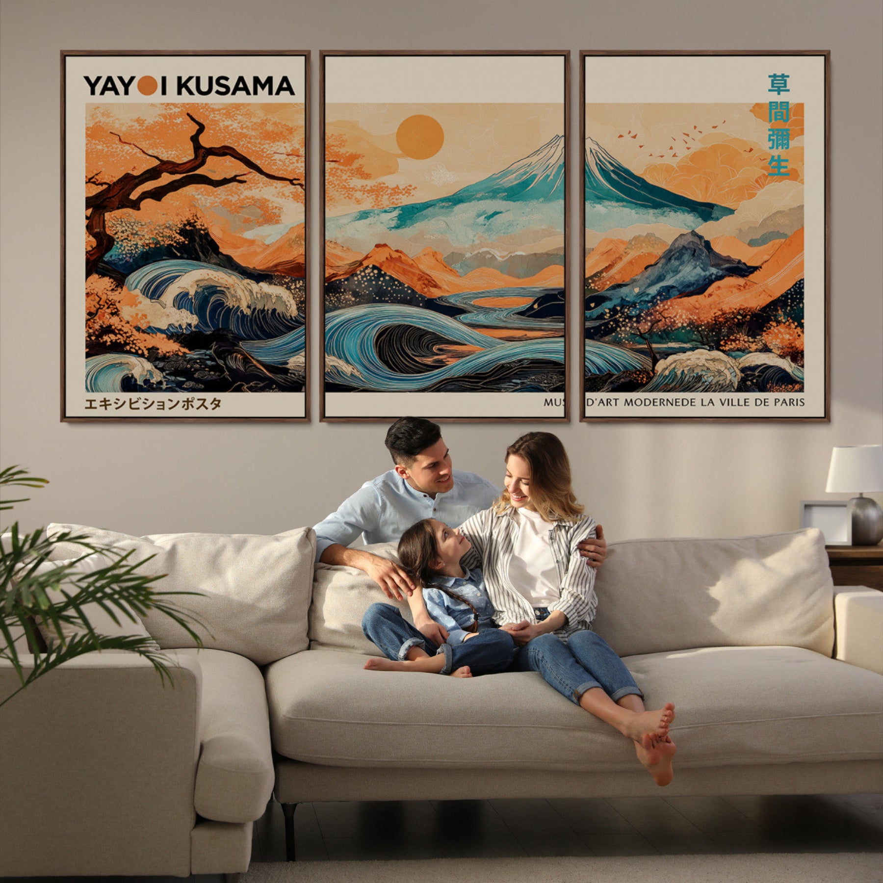 22373530-MGV-FC-60X30-3P_Walnut-Modern Japanese Wall Art Canvas Print – Framed Yayoi Kusama Abstract Mount Fuji Artwork for Home or Office, Living Room
