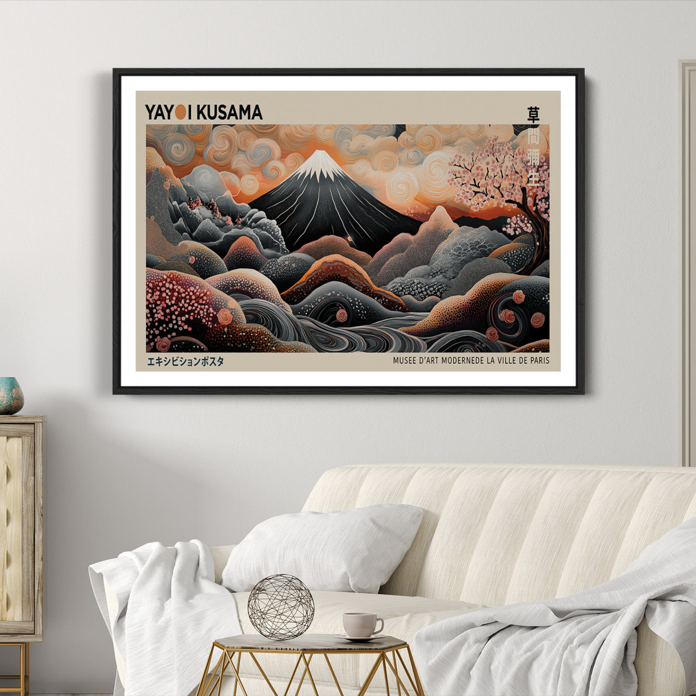 55739266-MGC-FP-36x24_Black-Modern Japanese Wall Art Canvas Print – Framed Yayoi Kusama Abstract Mount Fuji Artwork for Home or Office, Living Room