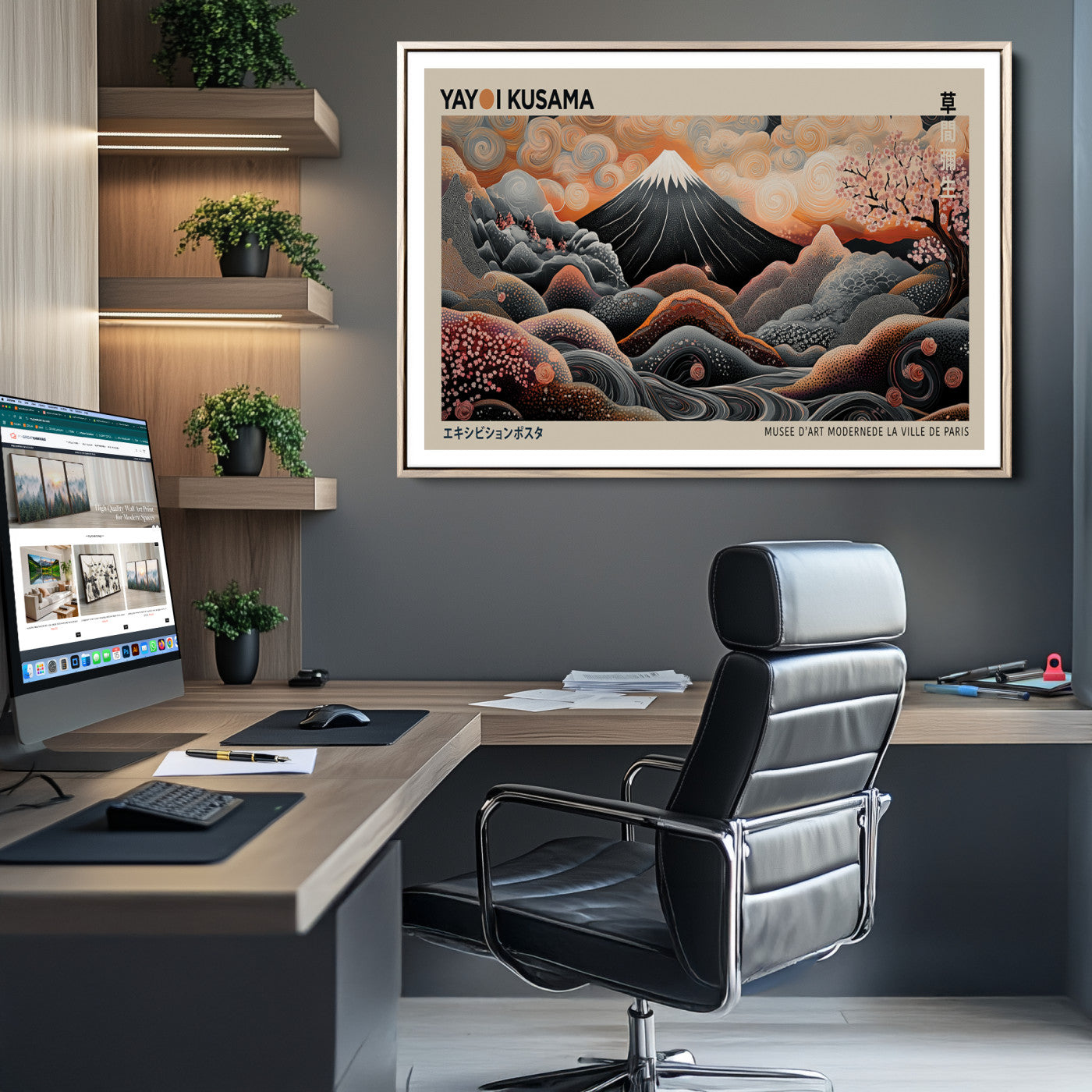 55739266-MGC-FP-36x24_Natural-Modern Japanese Wall Art Canvas Print – Framed Yayoi Kusama Abstract Mount Fuji Artwork for Home or Office, Living Room