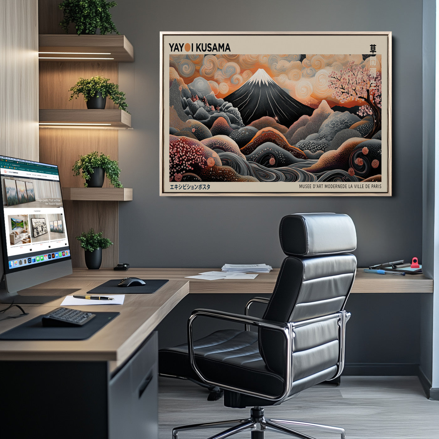 55739266-MGV-CV-36X24-Modern Japanese Wall Art Canvas Print – Framed Yayoi Kusama Abstract Mount Fuji Artwork for Home or Office, Living Room