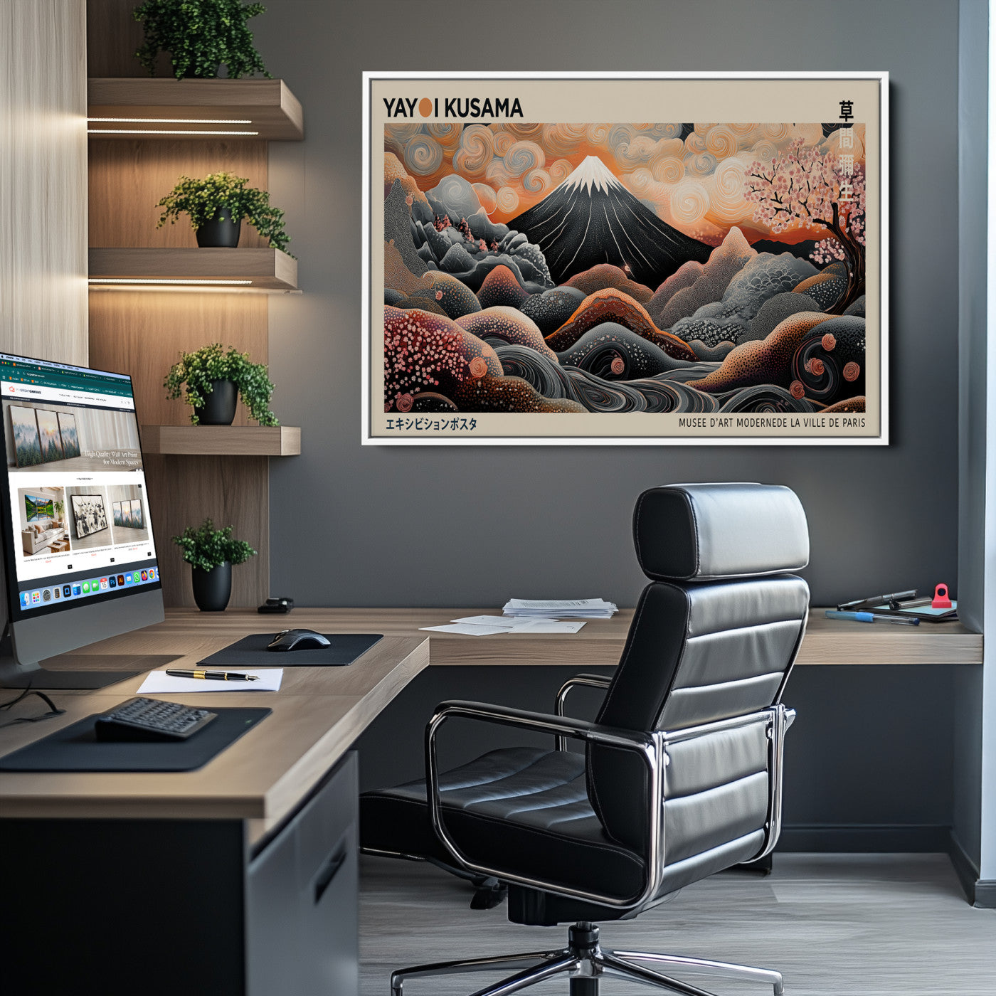 55739266-MGV-CV-36X24-Modern Japanese Wall Art Canvas Print – Framed Yayoi Kusama Abstract Mount Fuji Artwork for Home or Office, Living Room