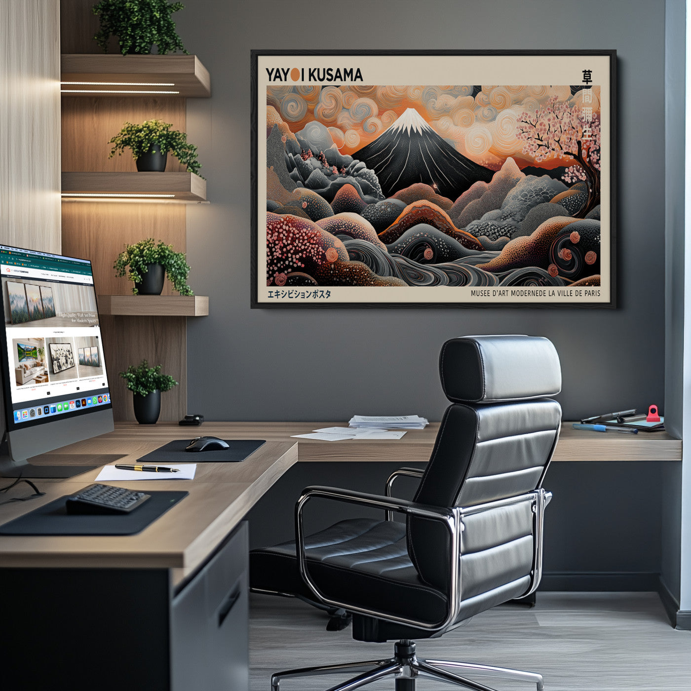 55739266-MGV-CV-36X24-Modern Japanese Wall Art Canvas Print – Framed Yayoi Kusama Abstract Mount Fuji Artwork for Home or Office, Living Room