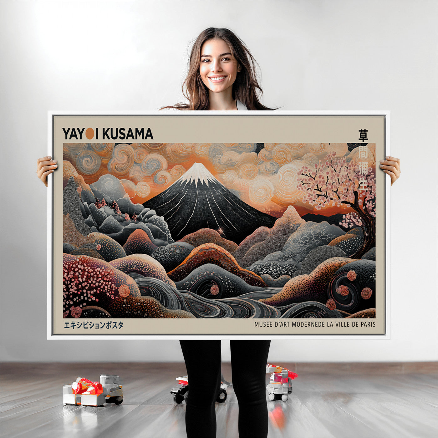 55739266-MGV-CV-36X24-Modern Japanese Wall Art Canvas Print – Framed Yayoi Kusama Abstract Mount Fuji Artwork for Home or Office, Living Room