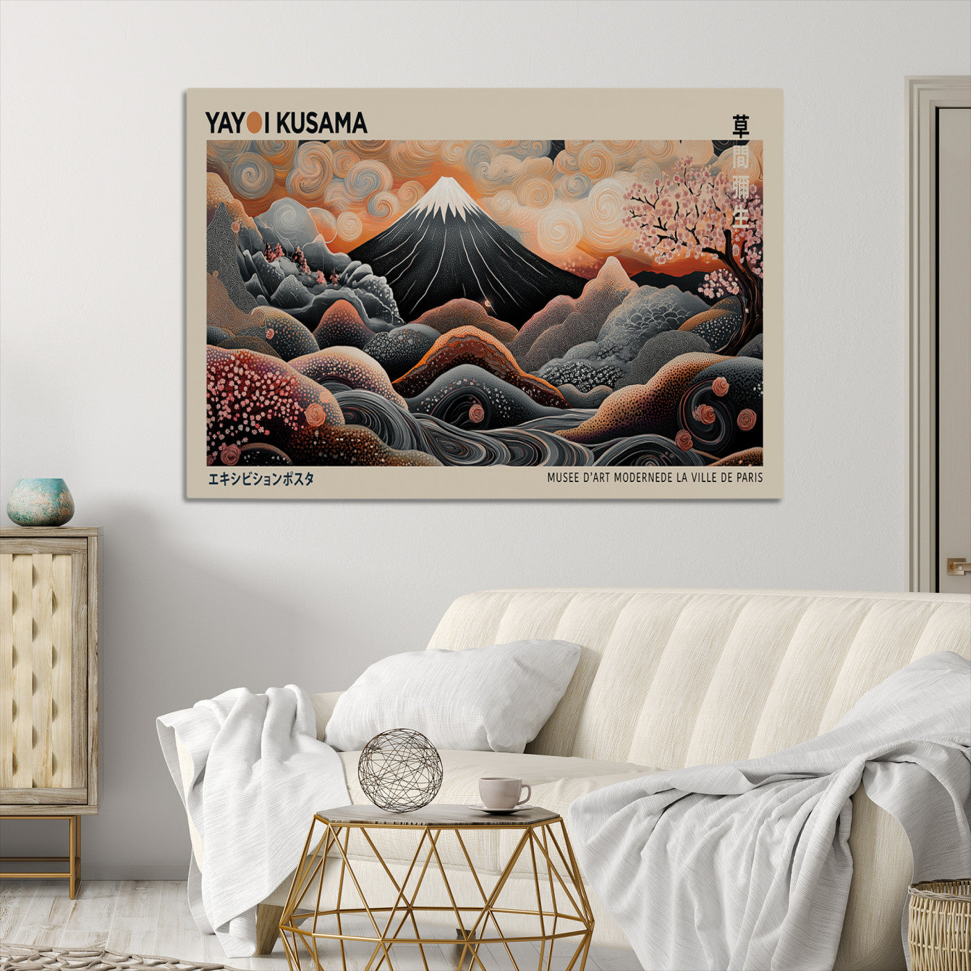 55739266-MGV-CV-36X24-Modern Japanese Wall Art Canvas Print – Framed Yayoi Kusama Abstract Mount Fuji Artwork for Home or Office, Living Room