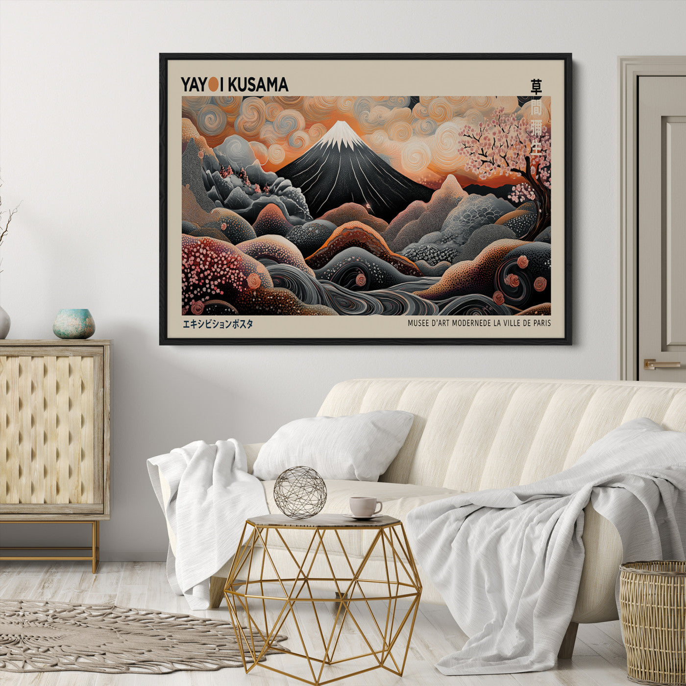 55739266-MGV-CV-36X24-Modern Japanese Wall Art Canvas Print – Framed Yayoi Kusama Abstract Mount Fuji Artwork for Home or Office, Living Room