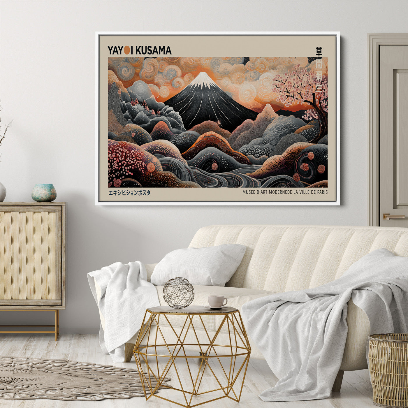 55739266-MGV-CV-36X24-Modern Japanese Wall Art Canvas Print – Framed Yayoi Kusama Abstract Mount Fuji Artwork for Home or Office, Living Room