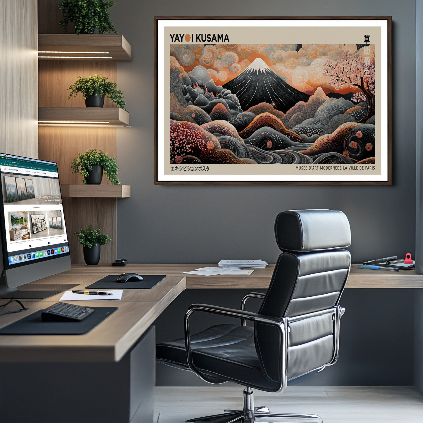 55739266-MGV-CV-36X24-Modern Japanese Wall Art Canvas Print – Framed Yayoi Kusama Abstract Mount Fuji Artwork for Home or Office, Living Room