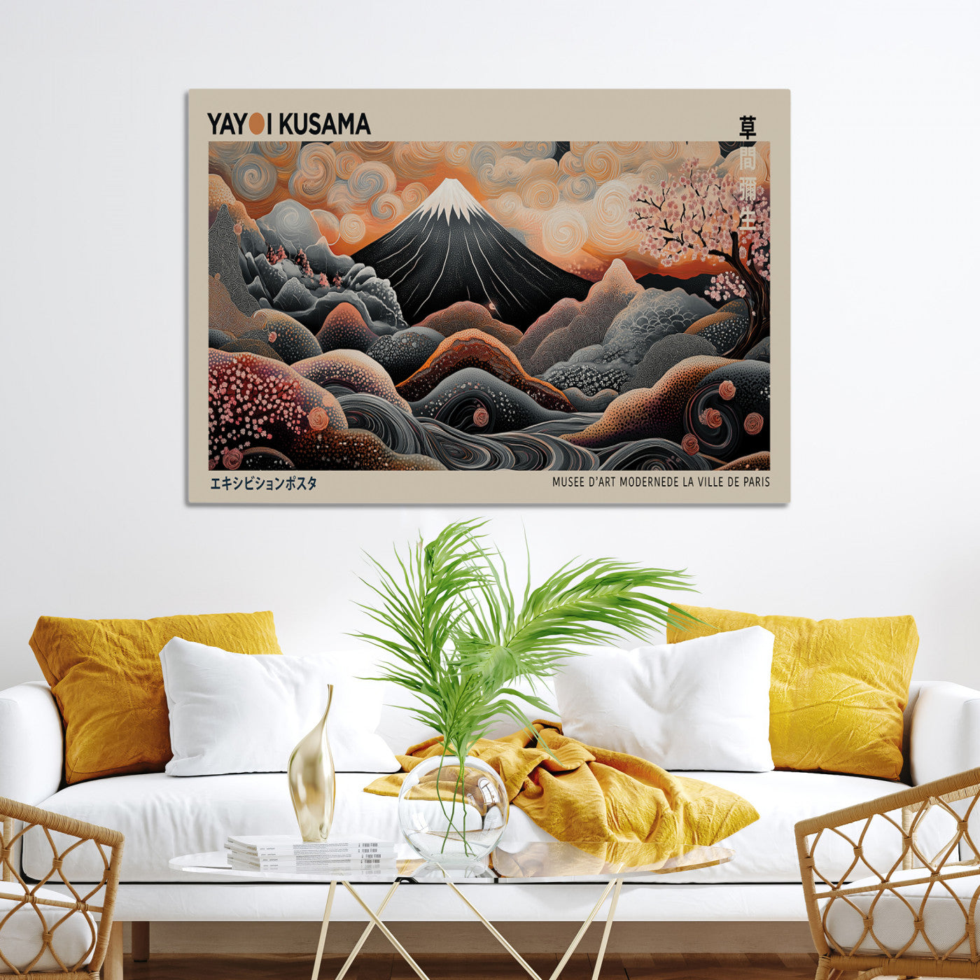 55739266-MGV-CV-36X24-Modern Japanese Wall Art Canvas Print – Framed Yayoi Kusama Abstract Mount Fuji Artwork for Home or Office, Living Room