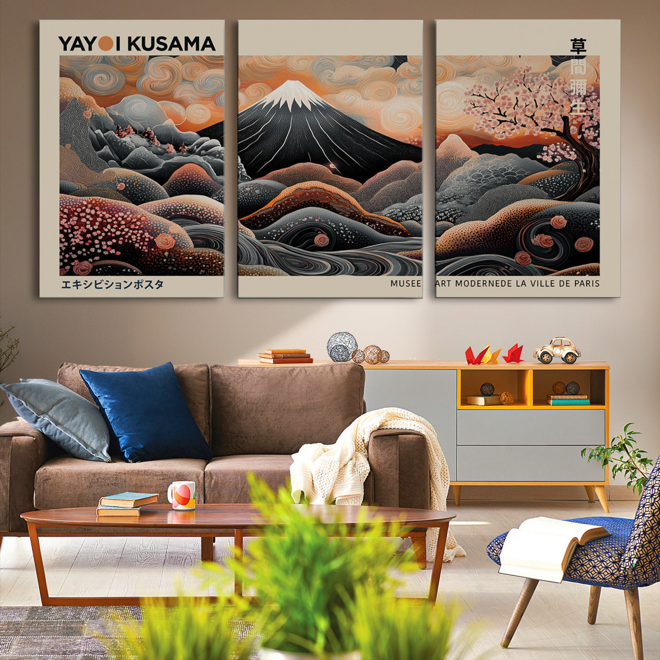 55739266-MGV-CV-36X24-Modern Japanese Wall Art Canvas Print – Framed Yayoi Kusama Abstract Mount Fuji Artwork for Home or Office, Living Room