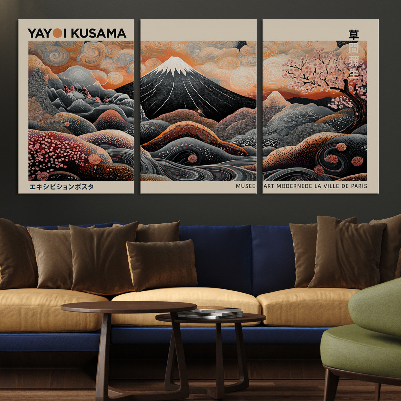 55739266-MGV-CV-36X24-Modern Japanese Wall Art Canvas Print – Framed Yayoi Kusama Abstract Mount Fuji Artwork for Home or Office, Living Room