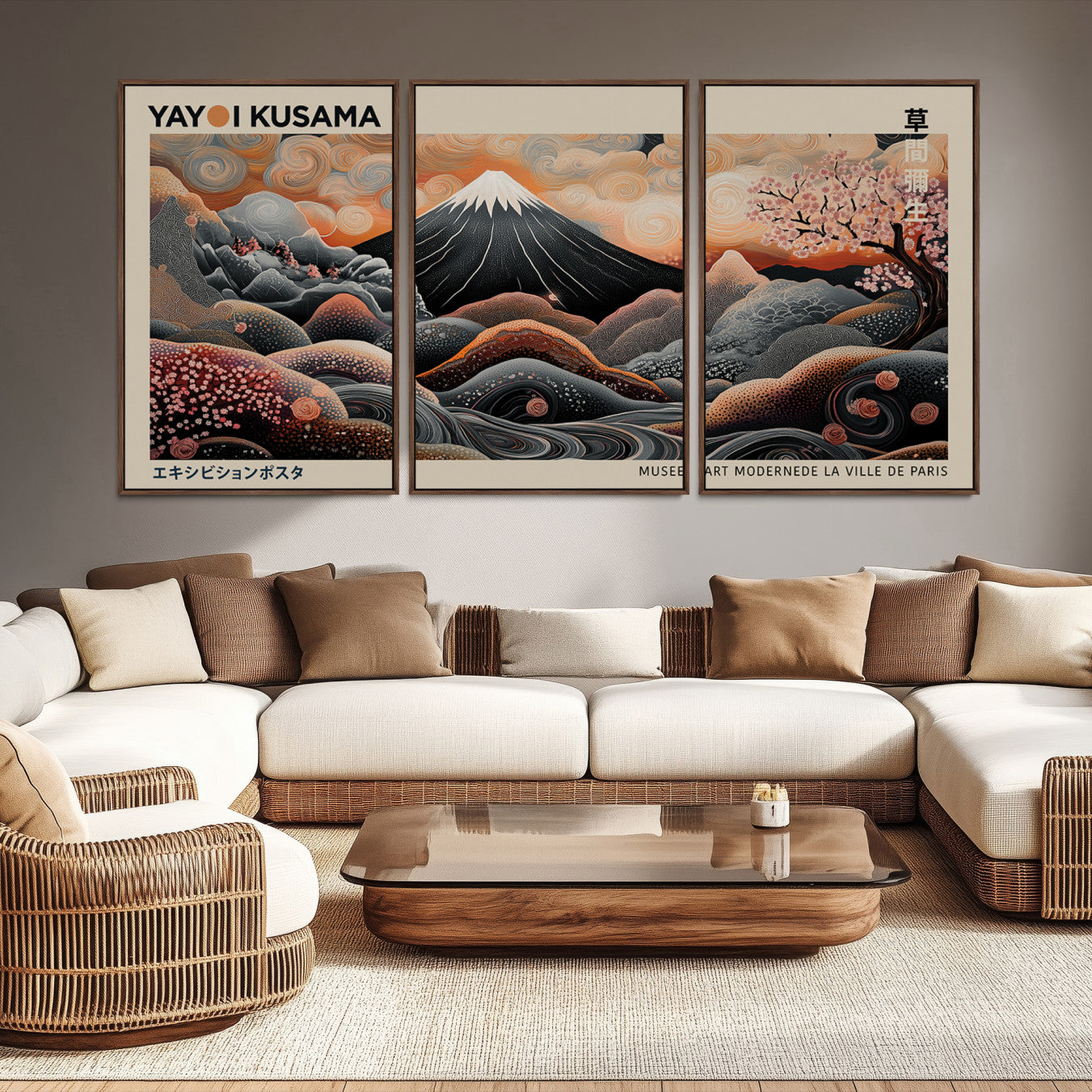 -Modern Japanese Wall Art Print Yayoi Kusama Canvas Wall Art Abstract Mount Fuji Canvas Print