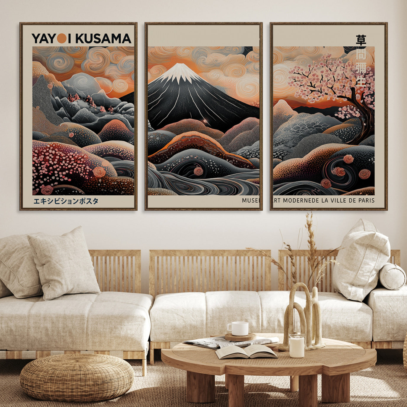 -Modern Japanese Wall Art Print Yayoi Kusama Canvas Wall Art Abstract Mount Fuji Canvas Print