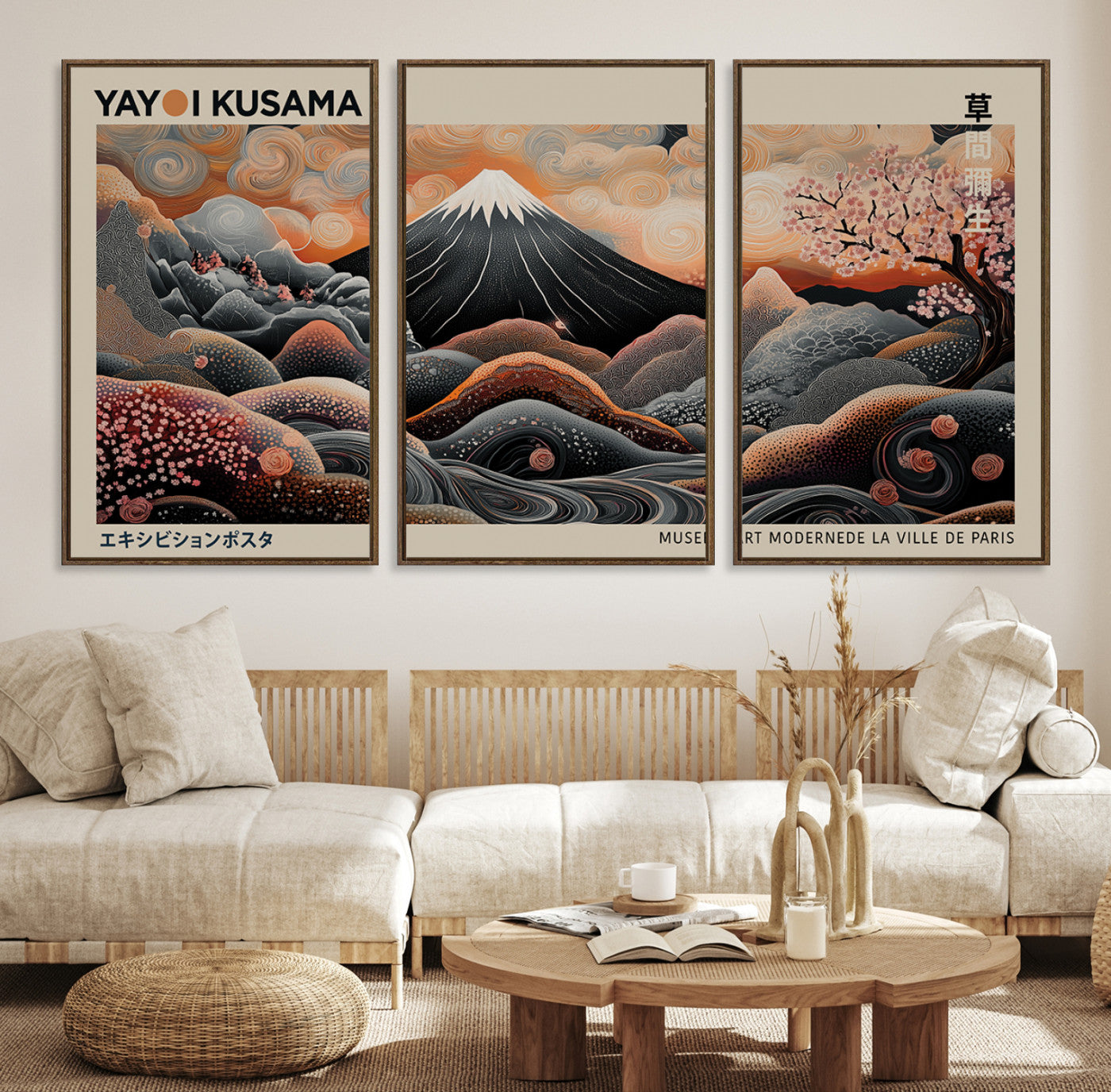 55739266-MGV-CV-36X24-Modern Japanese Wall Art Canvas Print – Framed Yayoi Kusama Abstract Mount Fuji Artwork for Home or Office, Living Room