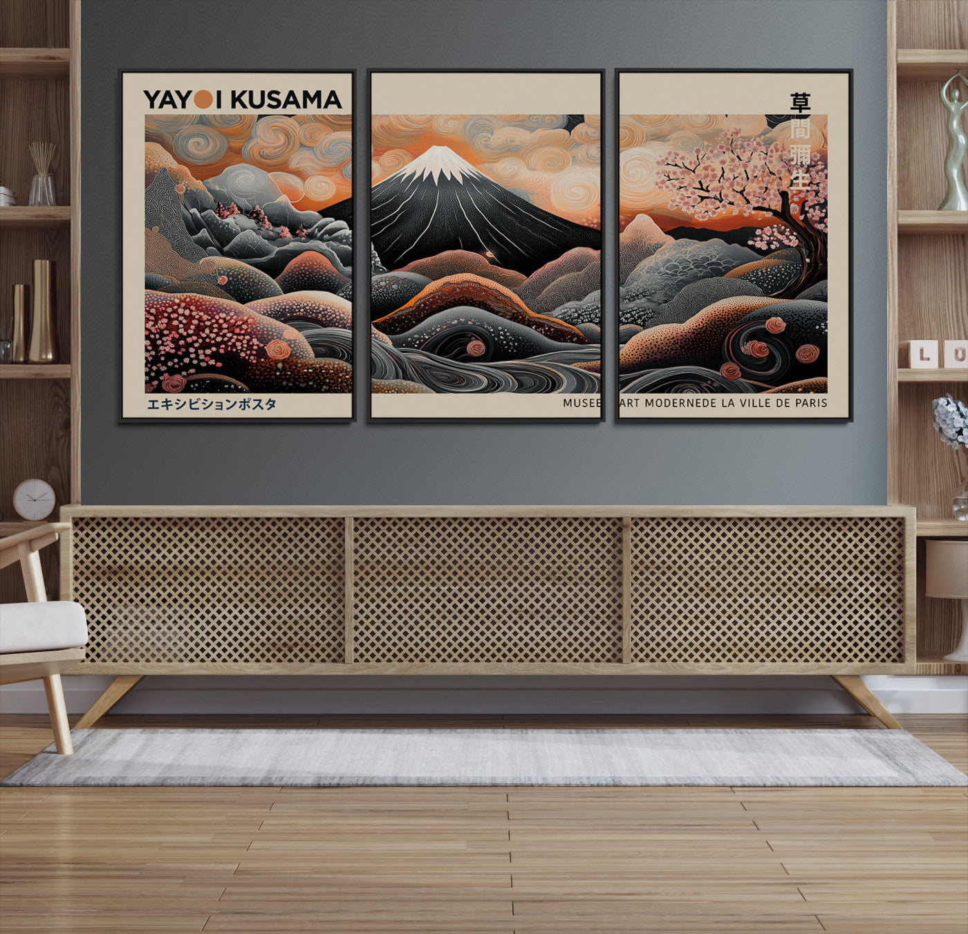 55739266-MGV-CV-36X24-Modern Japanese Wall Art Canvas Print – Framed Yayoi Kusama Abstract Mount Fuji Artwork for Home or Office, Living Room