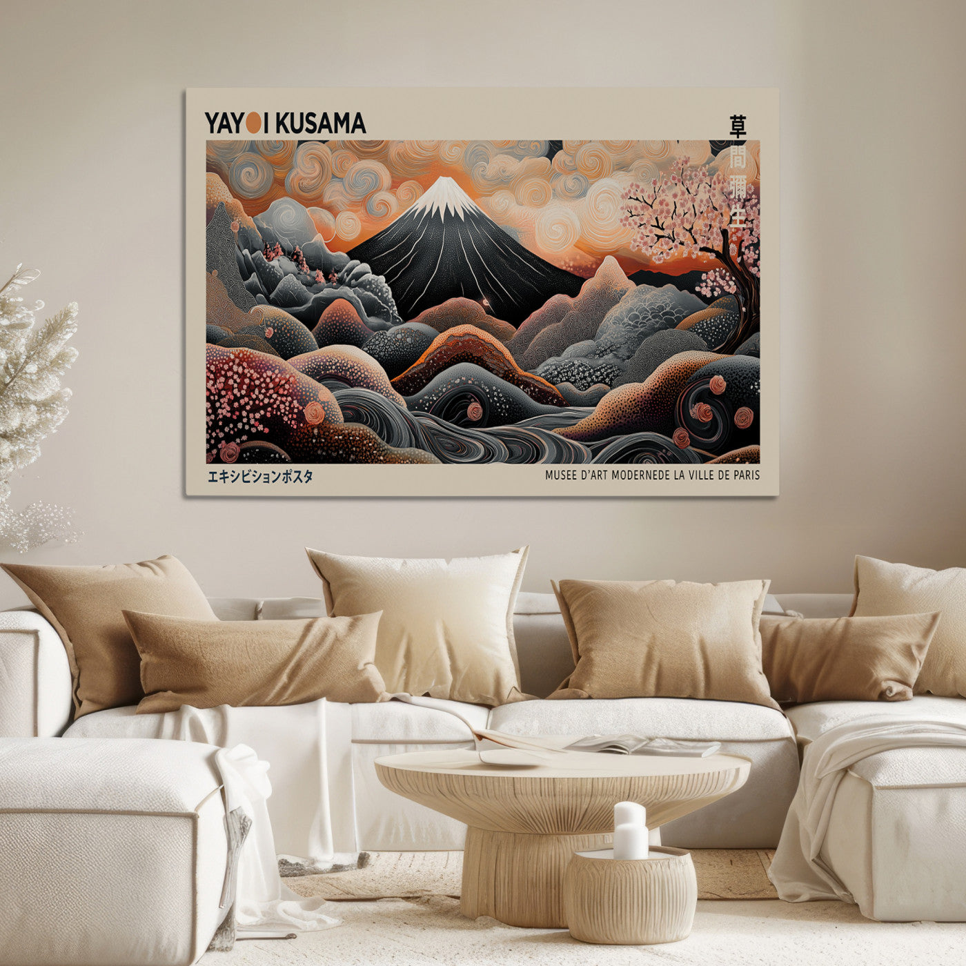 55739266-MGV-CV-36X24-Modern Japanese Wall Art Canvas Print – Framed Yayoi Kusama Abstract Mount Fuji Artwork for Home or Office, Living Room