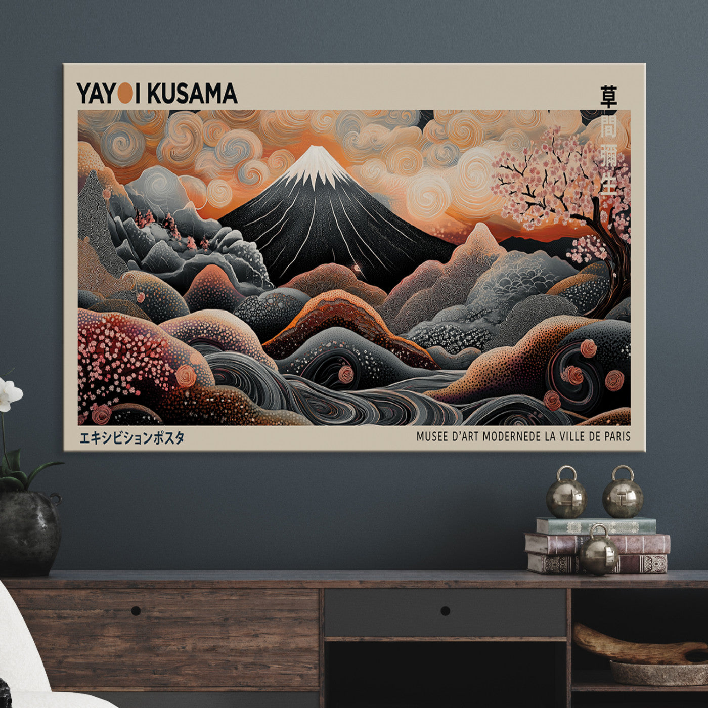 55739266-MGV-CV-36X24-Modern Japanese Wall Art Canvas Print – Framed Yayoi Kusama Abstract Mount Fuji Artwork for Home or Office, Living Room