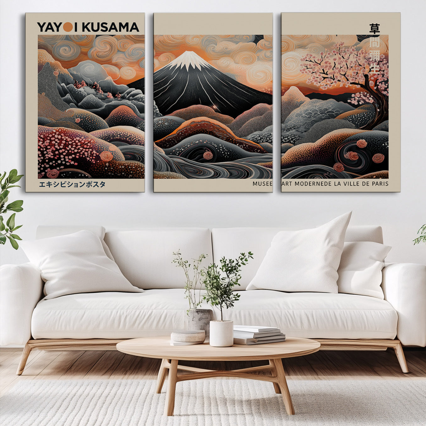55739266-MGV-CV-60X30-3P-Modern Japanese Wall Art Canvas Print – Framed Yayoi Kusama Abstract Mount Fuji Artwork for Home or Office, Living Room