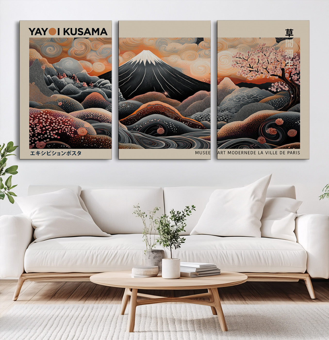 55739266-MGV-CV-60X30-3P-Modern Japanese Wall Art Canvas Print – Framed Yayoi Kusama Abstract Mount Fuji Artwork for Home or Office, Living Room