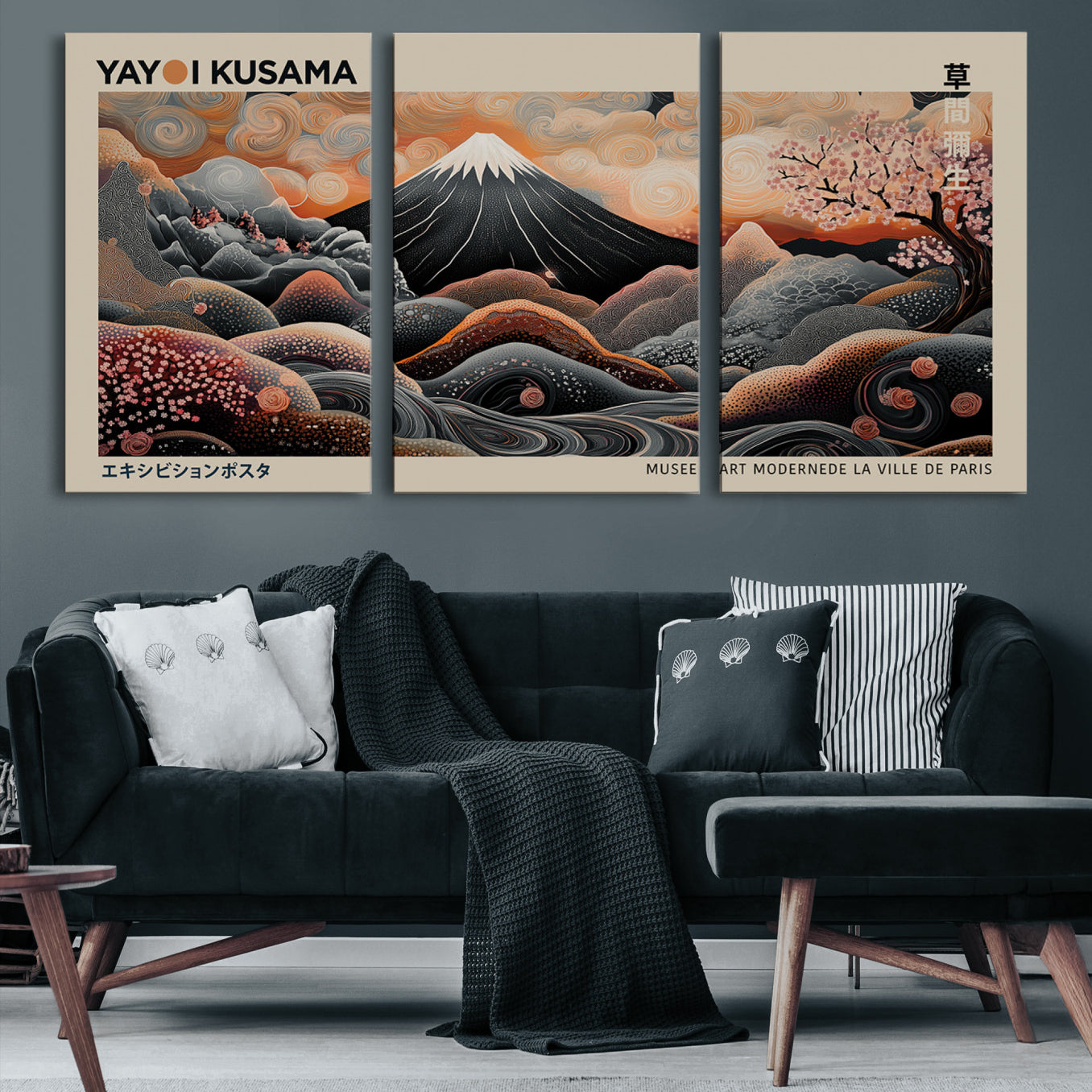55739266-MGV-CV-36X24-Modern Japanese Wall Art Canvas Print – Framed Yayoi Kusama Abstract Mount Fuji Artwork for Home or Office, Living Room