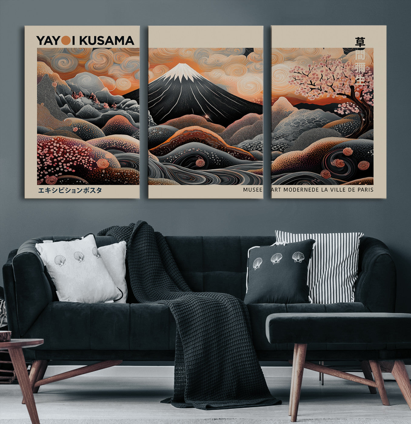 55739266-MGV-CV-36X24-Modern Japanese Wall Art Canvas Print – Framed Yayoi Kusama Abstract Mount Fuji Artwork for Home or Office, Living Room
