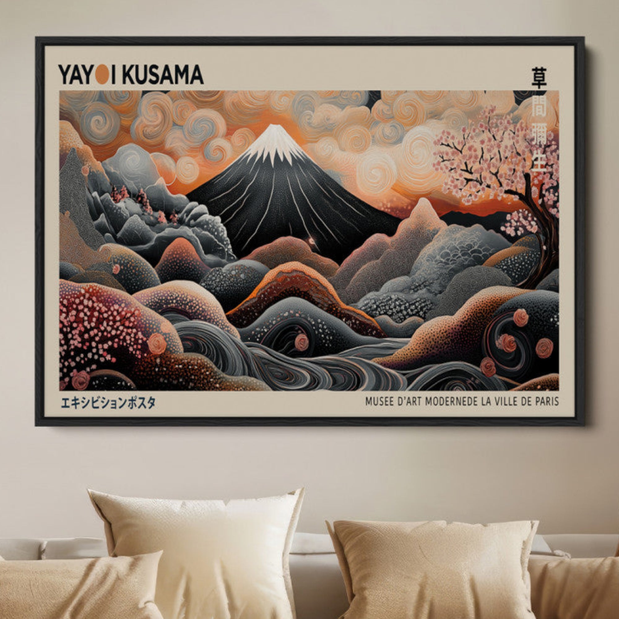 55739266-MGV-FC-36X24_Black-Modern Japanese Wall Art Canvas Print – Framed Yayoi Kusama Abstract Mount Fuji Artwork for Home or Office, Living Room