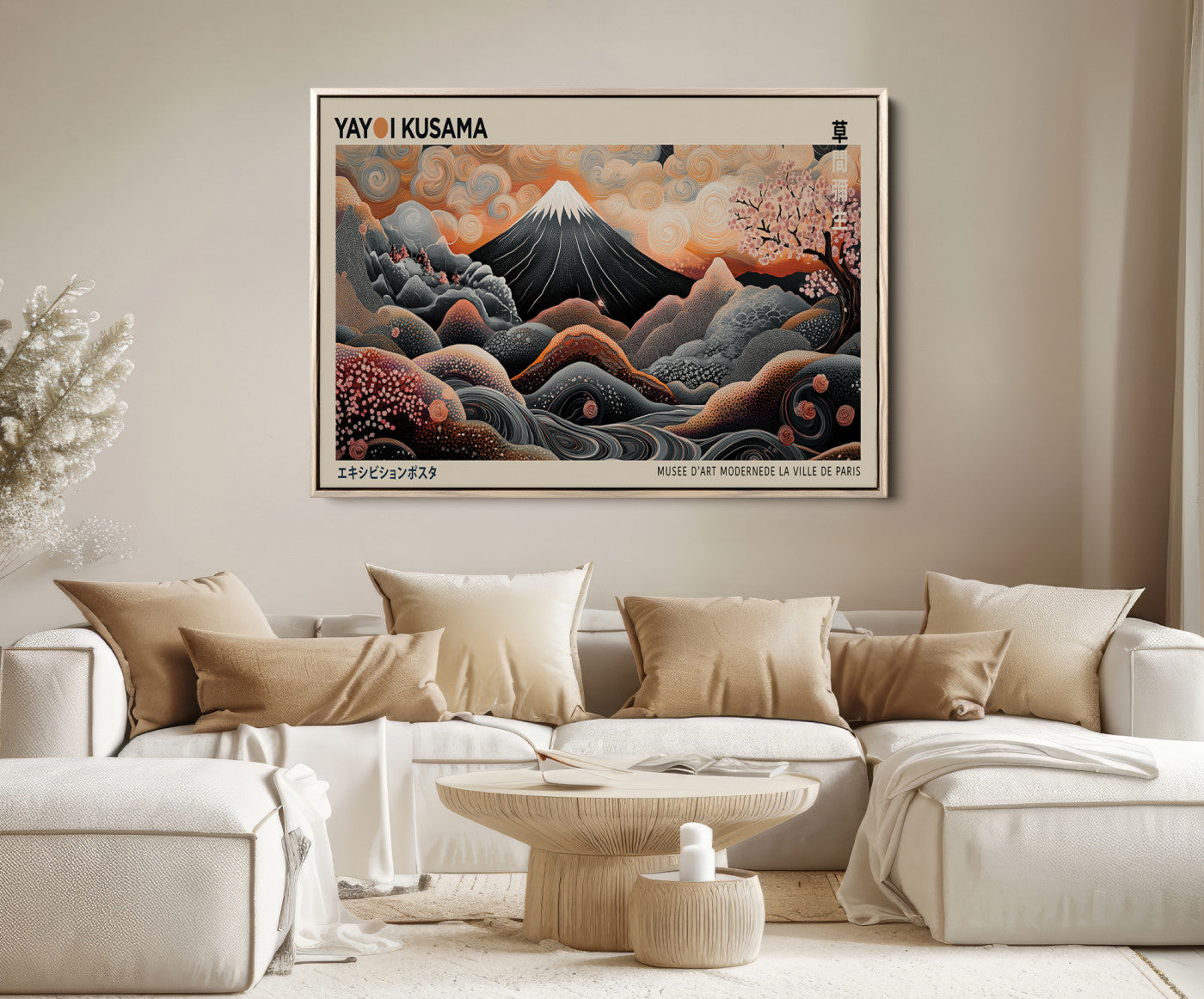 55739266-MGV-FC-36X24_Natural-Modern Japanese Wall Art Canvas Print – Framed Yayoi Kusama Abstract Mount Fuji Artwork for Home or Office, Living Room