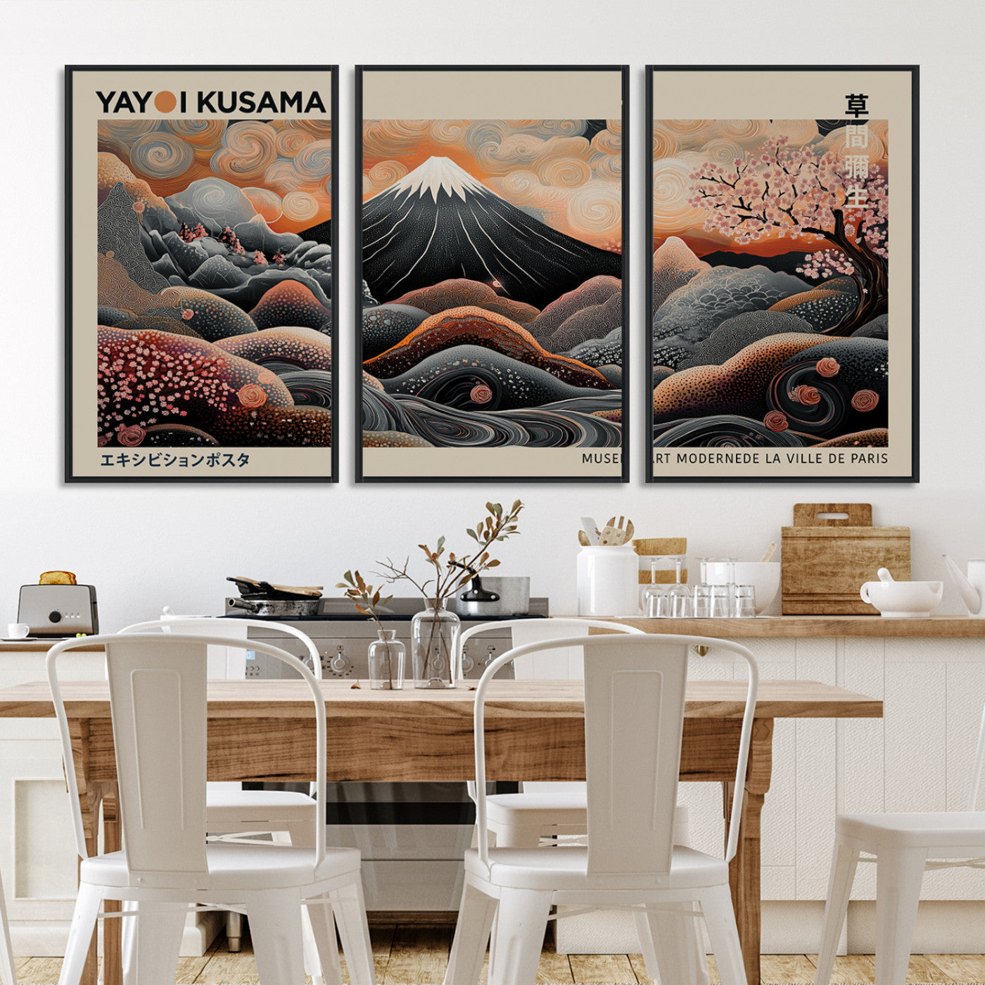 55739266-MGV-FC-60X30-3P_Black-Modern Japanese Wall Art Print Yayoi Kusama Canvas Wall Art Abstract Mount Fuji Canvas Print