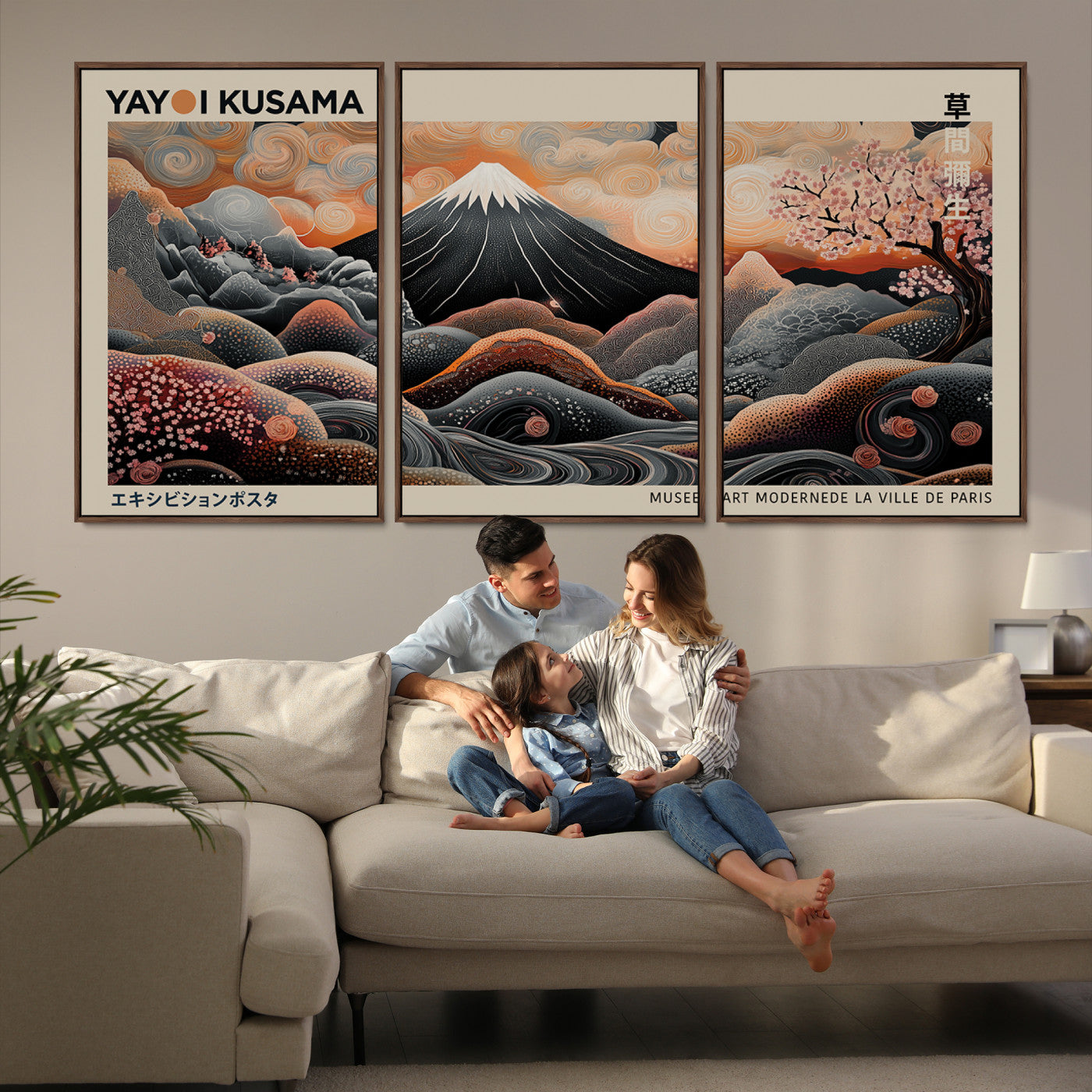 55739266-MGV-FC-60X30-3P_Walnut-Modern Japanese Wall Art Print Yayoi Kusama Canvas Wall Art Abstract Mount Fuji Canvas Print