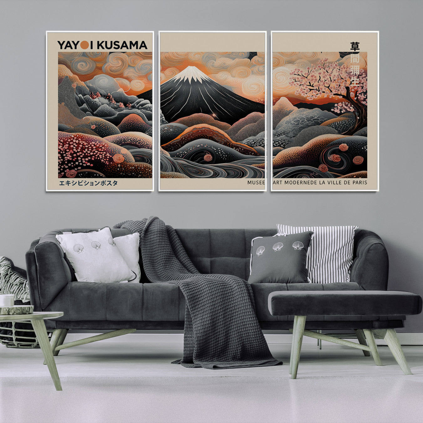 55739266-MGV-FC-60X30-3P_White-Modern Japanese Wall Art Print Yayoi Kusama Canvas Wall Art Abstract Mount Fuji Canvas Print