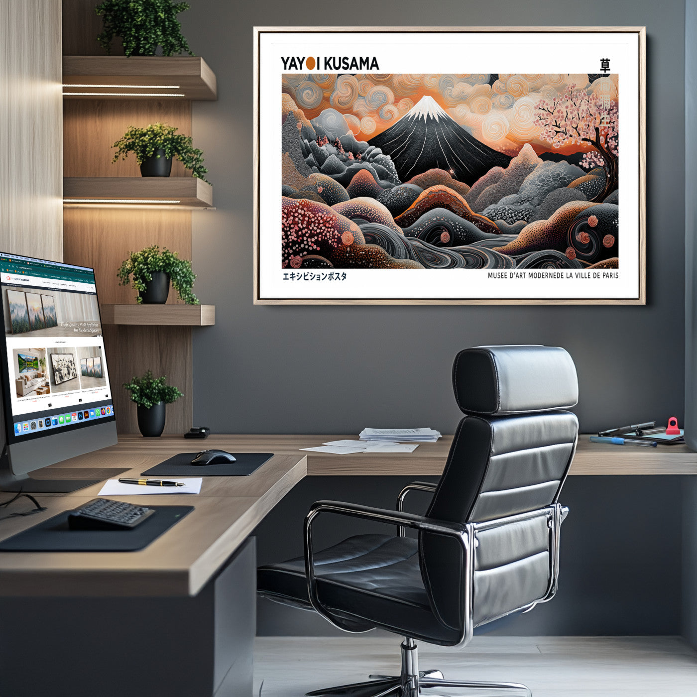 63125329-MGC-FP-36x24_Natural-Modern Japanese Wall Art Canvas Print – Framed Yayoi Kusama Abstract Mount Fuji Artwork for Home or Office, Living Room