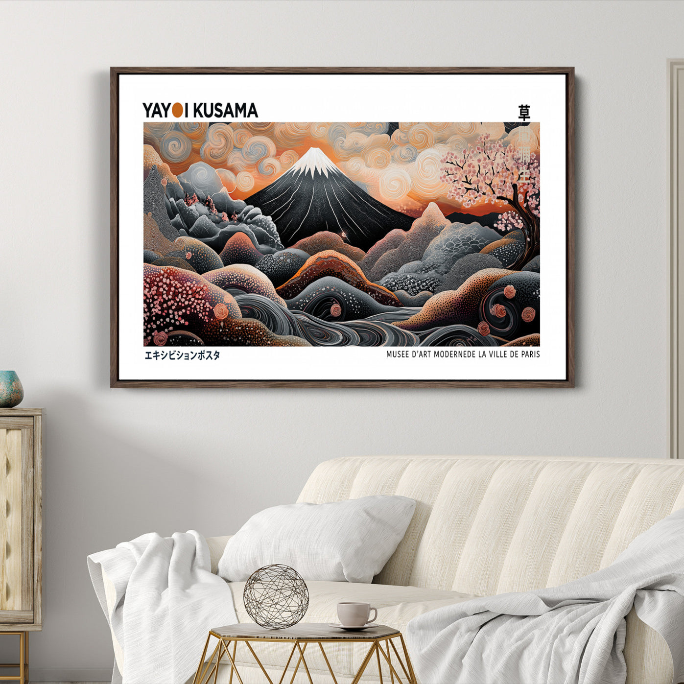 63125329-MGC-FP-36x24_Walnut-Modern Japanese Wall Art Canvas Print – Framed Yayoi Kusama Abstract Mount Fuji Artwork for Home or Office, Living Room