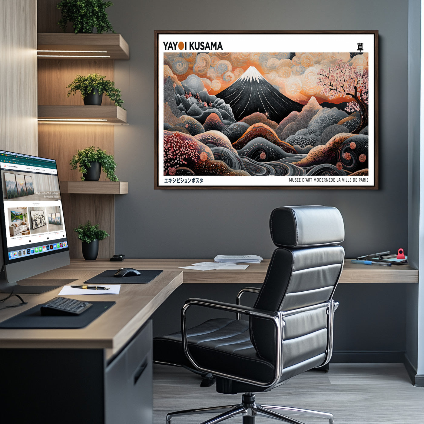 -Modern Japanese Wall Art Print, Yayoi Kusama Wall Art Print, Abstract Mount Fuji Canvas Print