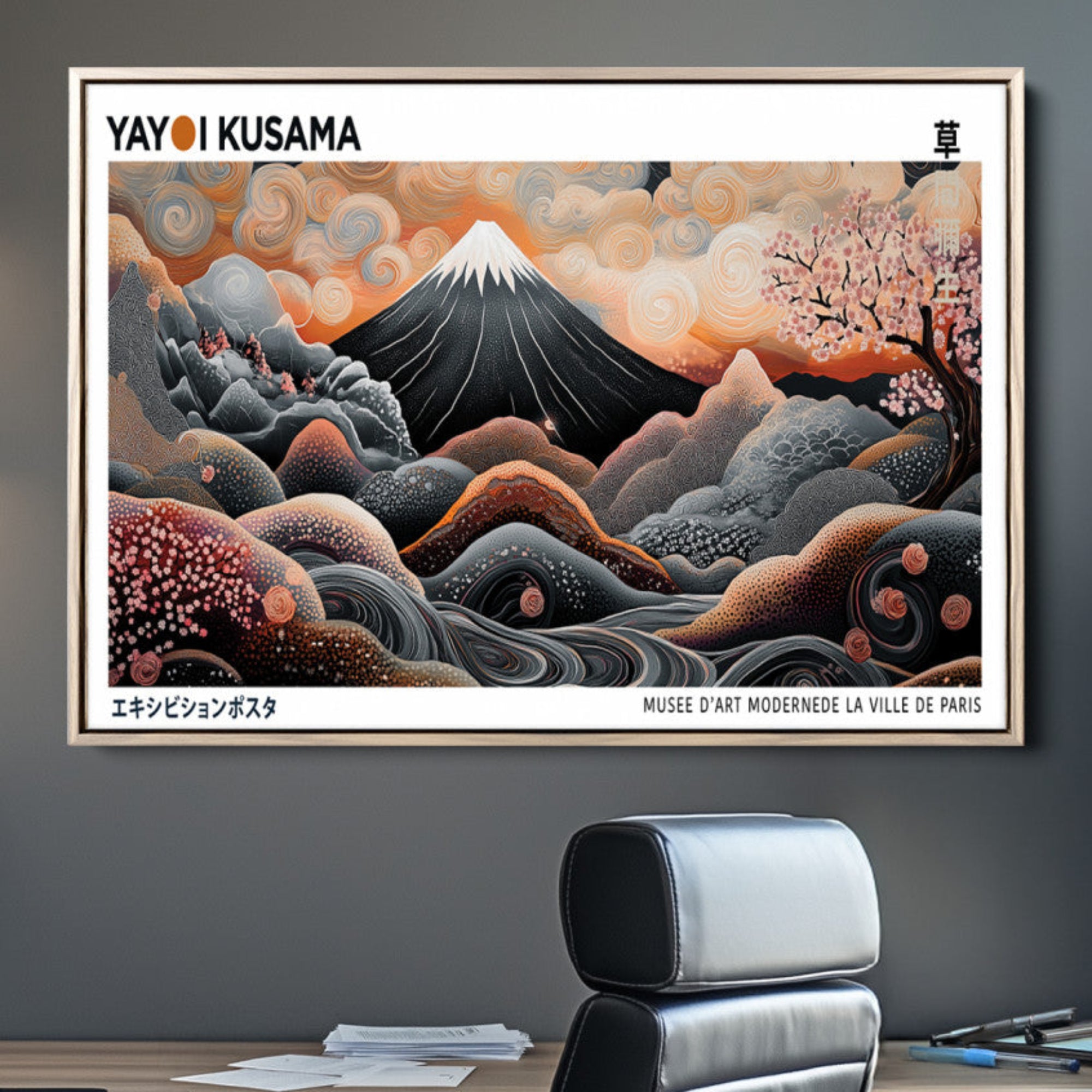 63125329-MGV-CV-36X24-Modern Japanese Wall Art Canvas Print – Framed Yayoi Kusama Abstract Mount Fuji Artwork for Home or Office, Living Room