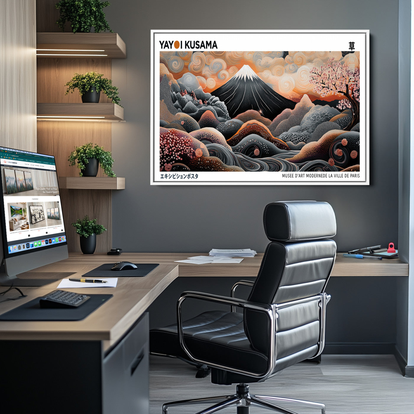 63125329-MGV-CV-36X24-Modern Japanese Wall Art Canvas Print – Framed Yayoi Kusama Abstract Mount Fuji Artwork for Home or Office, Living Room