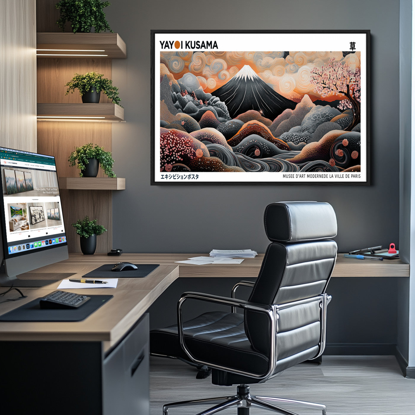 -Modern Japanese Wall Art Print, Yayoi Kusama Wall Art Print, Abstract Mount Fuji Canvas Print