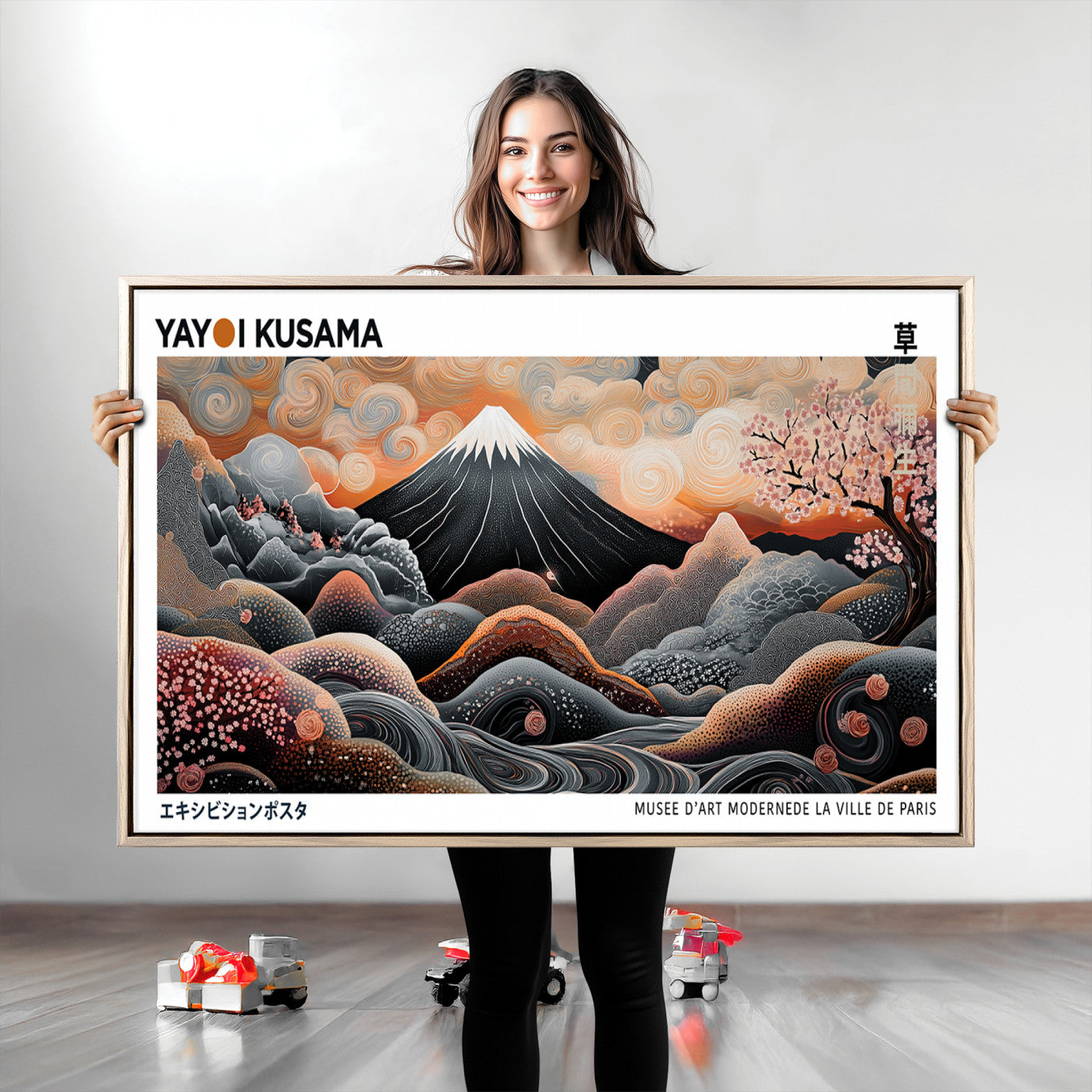 63125329-MGV-CV-36X24-Modern Japanese Wall Art Canvas Print – Framed Yayoi Kusama Abstract Mount Fuji Artwork for Home or Office, Living Room