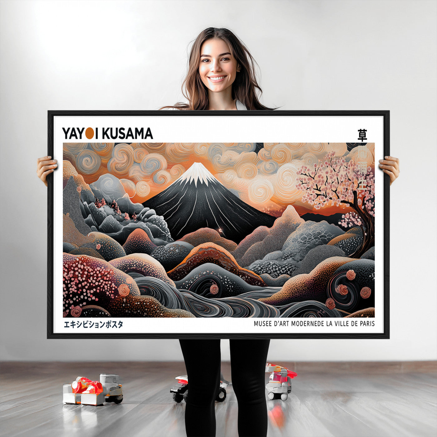 63125329-MGV-CV-36X24-Modern Japanese Wall Art Canvas Print – Framed Yayoi Kusama Abstract Mount Fuji Artwork for Home or Office, Living Room