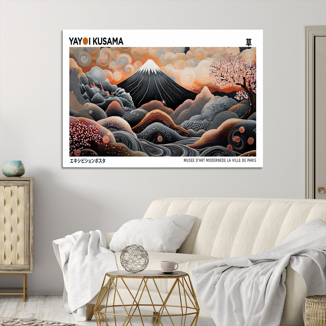 Modern Japanese Wall Art Canvas Print, Yayoi Kusama Wall Art, Framed Abstract Mount Fuji Print