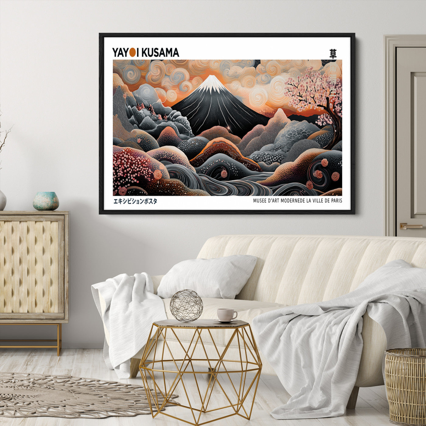 -Modern Japanese Wall Art Print, Yayoi Kusama Wall Art Print, Abstract Mount Fuji Canvas Print