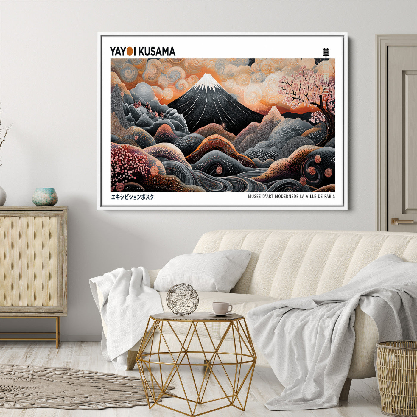 63125329-MGV-CV-36X24-Modern Japanese Wall Art Canvas Print – Framed Yayoi Kusama Abstract Mount Fuji Artwork for Home or Office, Living Room