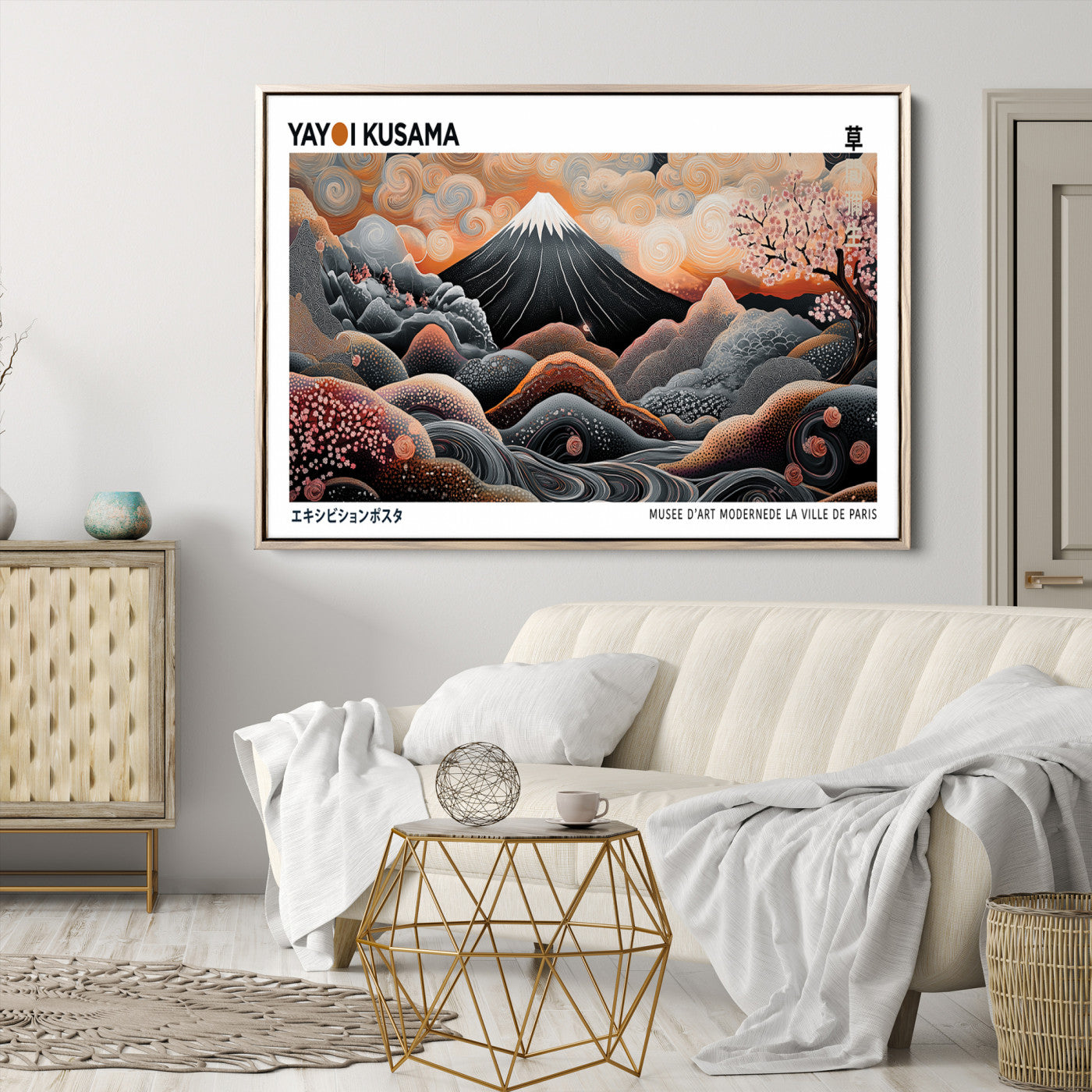 63125329-MGV-CV-36X24-Modern Japanese Wall Art Canvas Print – Framed Yayoi Kusama Abstract Mount Fuji Artwork for Home or Office, Living Room