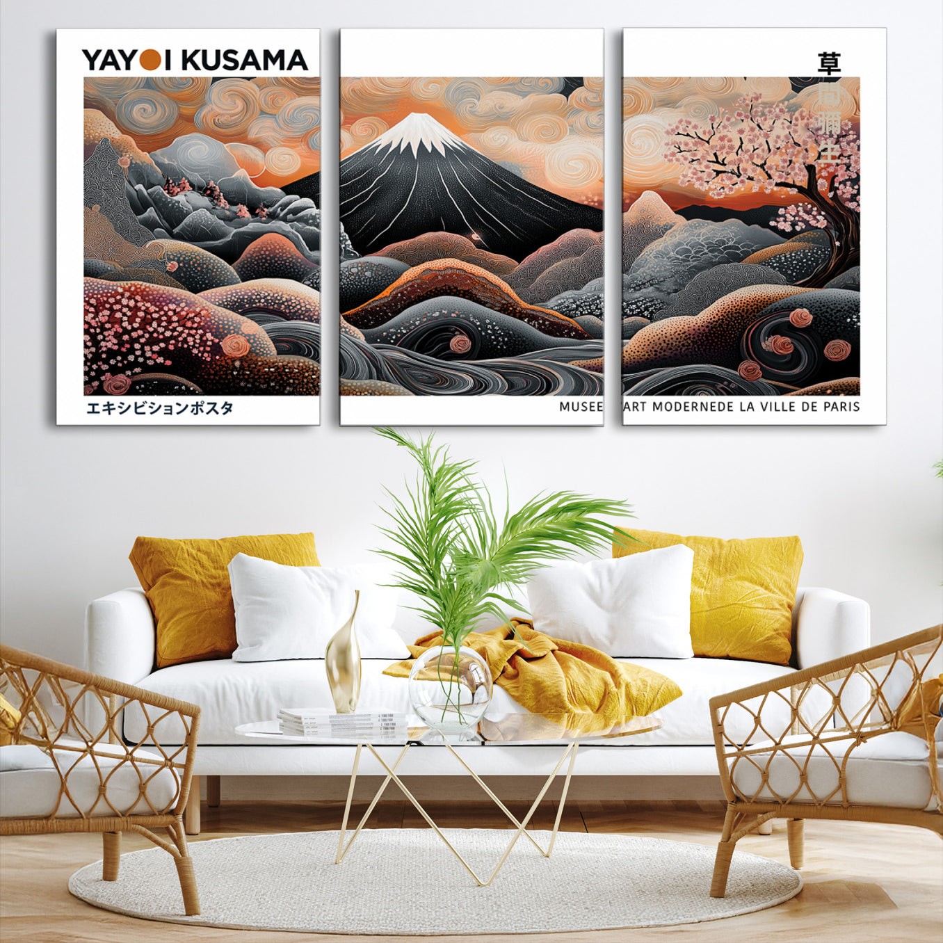 63125329-MGV-CV-36X24-Modern Japanese Wall Art Canvas Print – Framed Yayoi Kusama Abstract Mount Fuji Artwork for Home or Office, Living Room