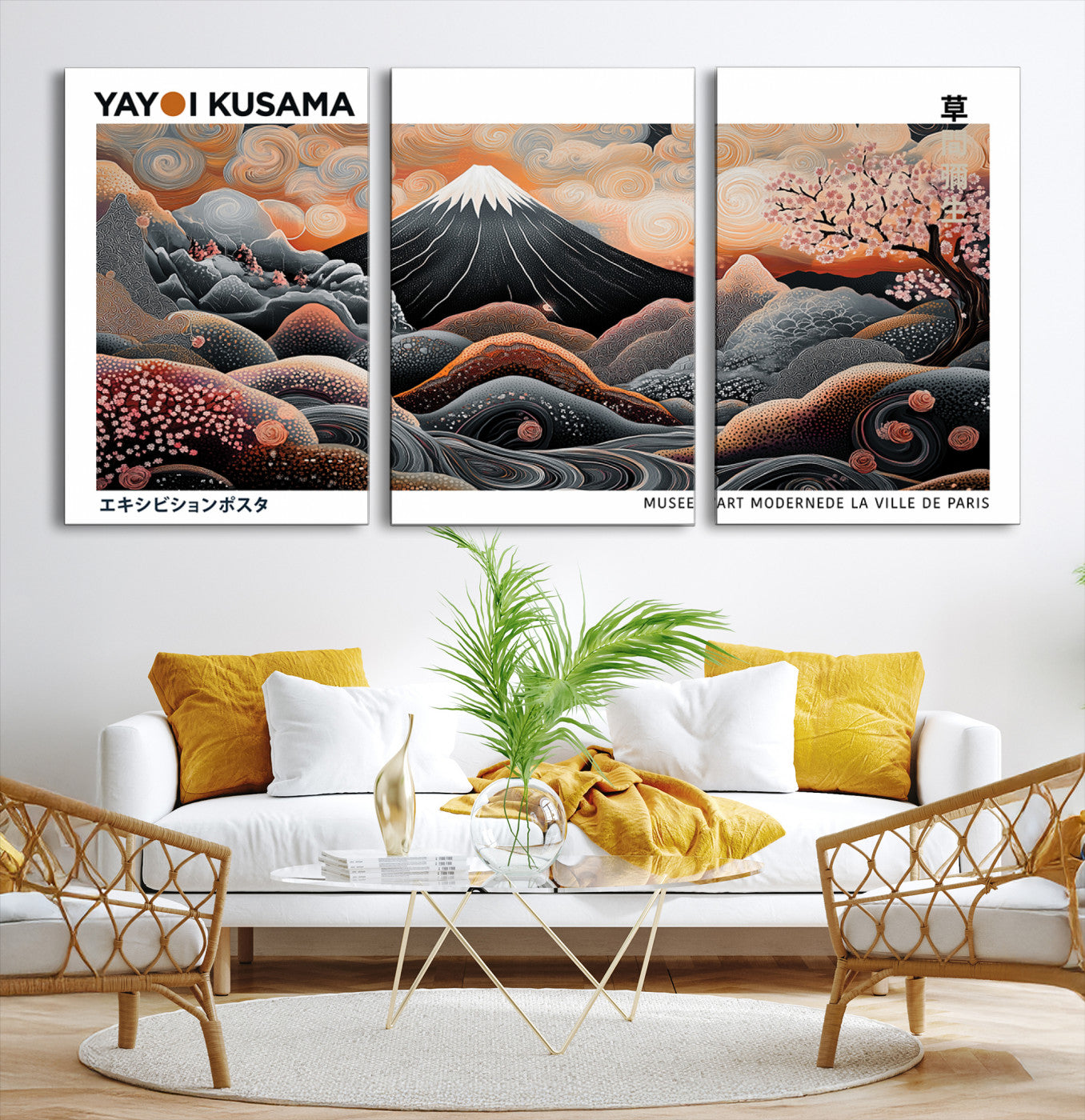 63125329-MGV-CV-36X24-Modern Japanese Wall Art Canvas Print – Framed Yayoi Kusama Abstract Mount Fuji Artwork for Home or Office, Living Room