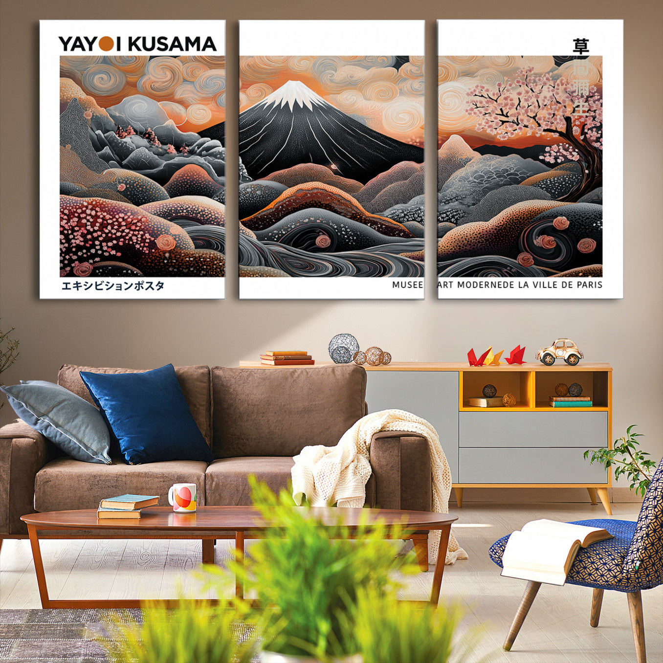 63125329-MGV-CV-36X24-Modern Japanese Wall Art Canvas Print – Framed Yayoi Kusama Abstract Mount Fuji Artwork for Home or Office, Living Room